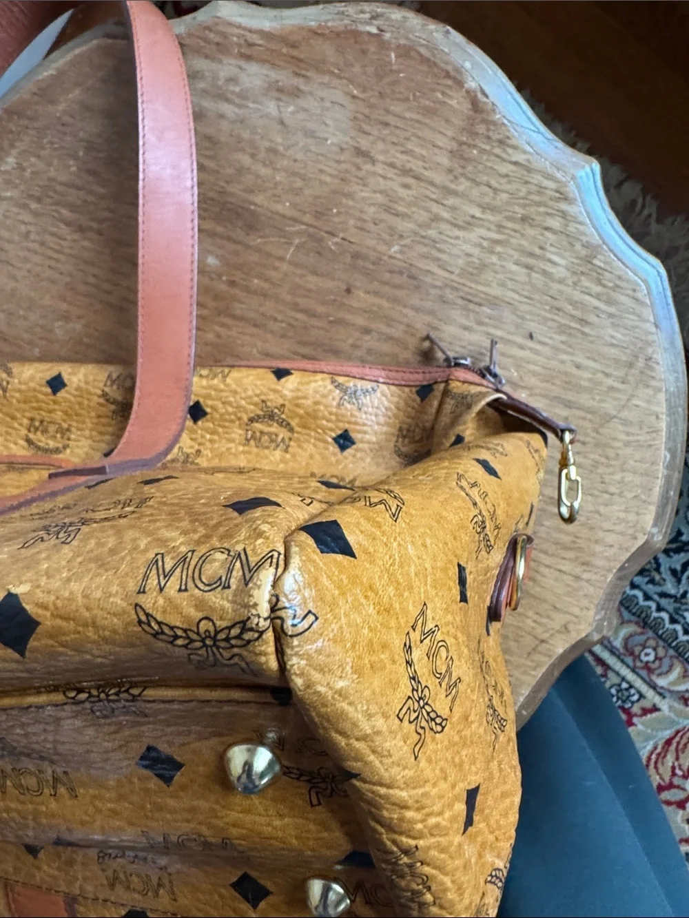 EUC MCM Visetos Leather Duffle Bag in Cognac Brown No Crossbody Strap